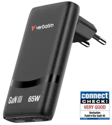 Зарядное устройство Verbatim Fold n Go | 65W | GaN | USB-C | чёрное