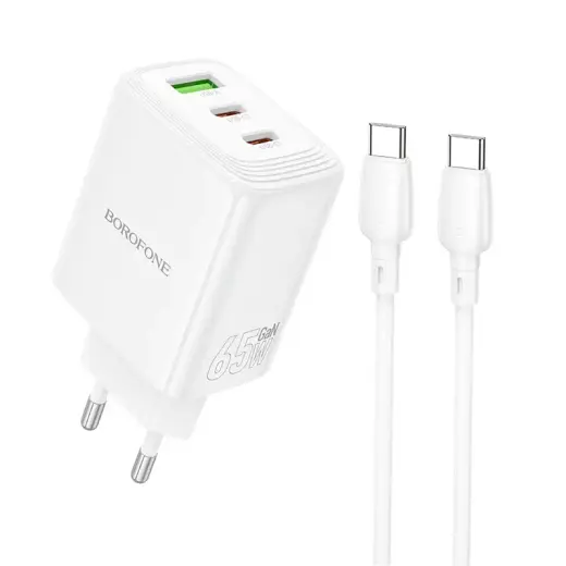 Borofone BN32 tīkla lādētājs | 65W | PD, QC, GaN | USB-C, USB-A | ar USB-C uz USB-C vadu komplektā | balts