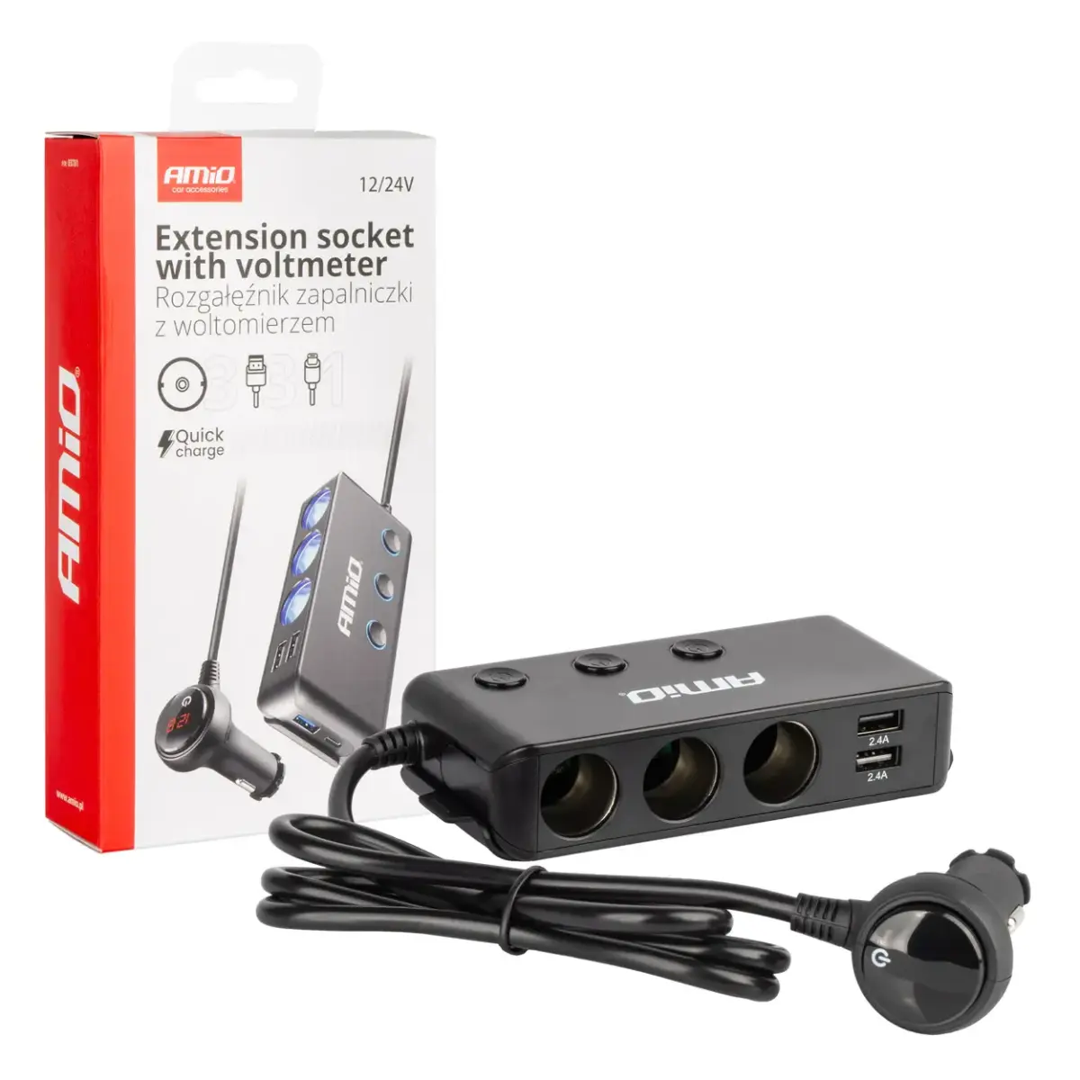Extension socket with voltmeter AMIO-03781