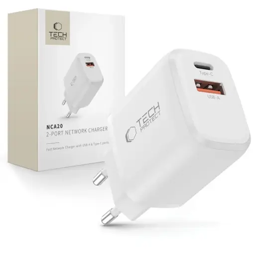 Tech-Protect NCA20 tīkla lādētājs | 20W | PD, QC | USB-A, USB-C | balts