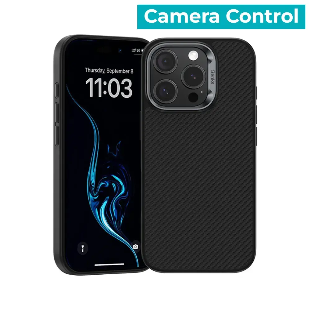 Benks Magnetic Armor Pro Camera Control Kevlar Case Metal Frame 600D (D065) for Iphone 16 Pro black
