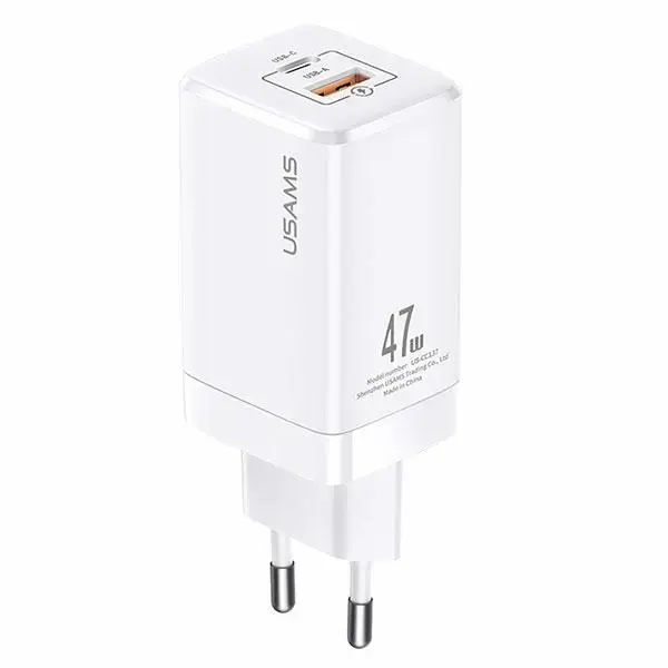USAMS T41 tīkla lādētājs | 47W | GaN, PD, QC | USB-C, USB-A | balts