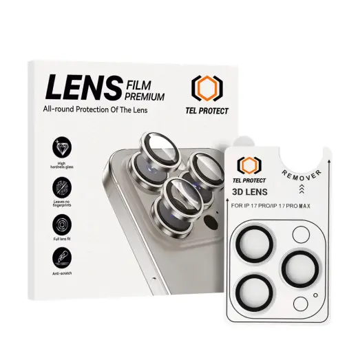 Tempered glass Tel Protect 3D Lens on camera for Iphone 17 Pro/17 Pro Max silver (lens 3 pieces)
