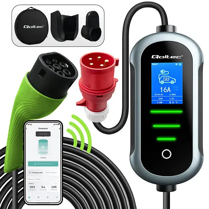 Qoltec Mobile EV Electric Car Charger with 2-in-1 Type 2 Adjustment | 11kW | 400V | CEE 32A | Wifi | TUYA | SMART LIFE | LCD | Portable | 5m
