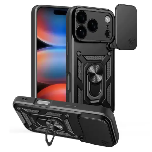 Hybrid Armor Camshield telefono dėklas su stovu iPhone 17 Pro Max juodas (su kameros apsauga)