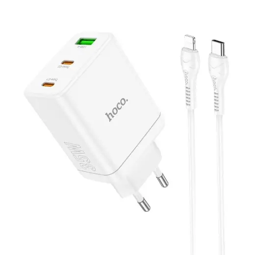 HOCO N33 reisilaadija | 35W | PD, QC, PPS | USB-C, USB-A | USB-C kuni Lightning kaabliga komplektis | valge