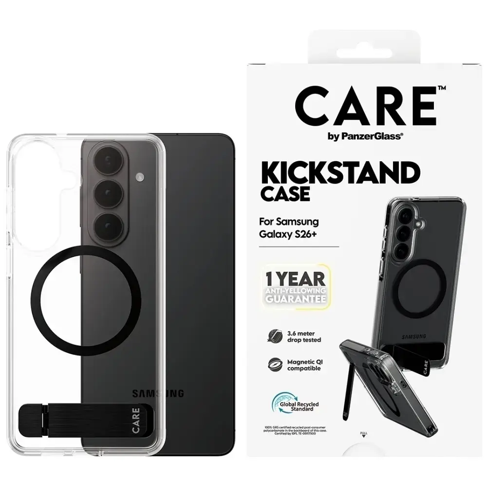 CARE by PanzerGlass Black Kickstand & QI maciņš ar statīvu telefonam Samsung Galaxy S26+ (S947) caurspīdīgs