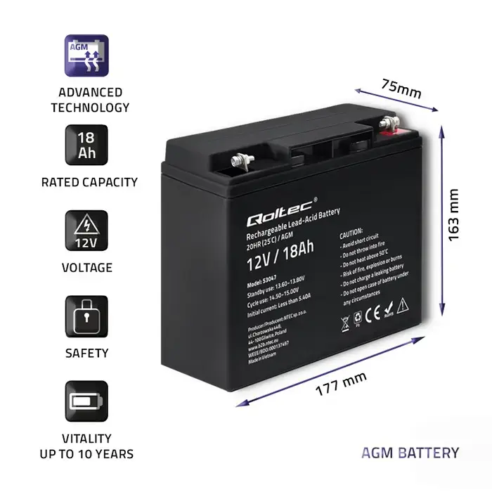Qoltec AGM battery | 12V | 18Ah | Maintenance-free | Efficient| LongLife | for UPS, scooter