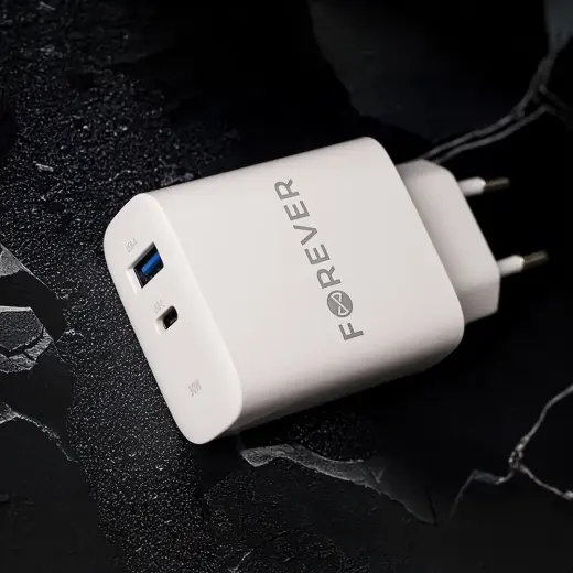 Forever TC-07-30AC tīkla lādētājs | 30W | PD, QC | USB-C, USB-A | USB-C uz USB-C vads komplektā | balts