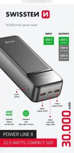 Swissten Power Line II Power Bank External Charging Battery 30000 mAh