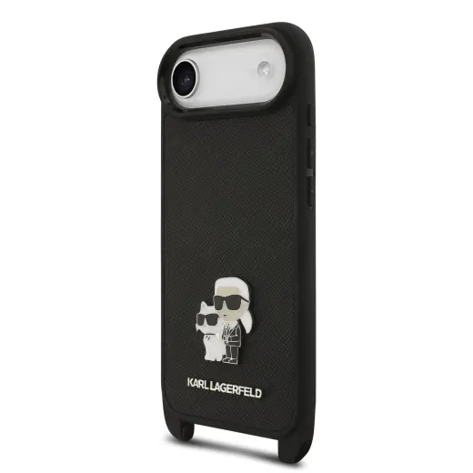 Karl Lagerfeld Saffiano Crossbody Strap Metal Karl and Choupette Case for iPhone Air Black