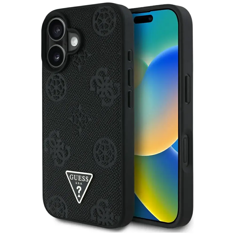 Guess Grained Hot Stamp Peony Triangle Logo MagSafe telefona maciņš iPhone 16 melns