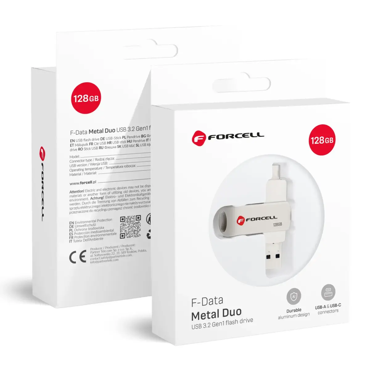 Forcell 128GB USB 3.2 Gen 1 Flash Drive (USB A / USB C) F-Data Metal Duo silver