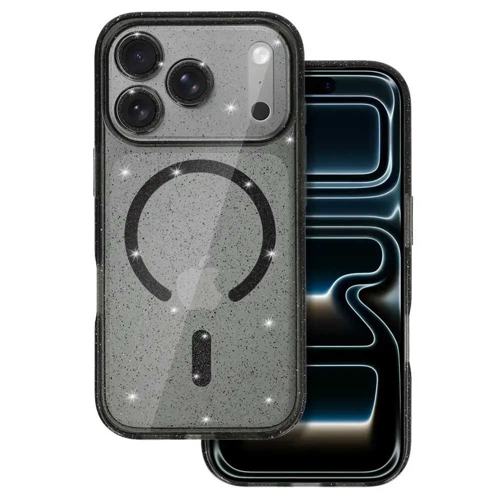 Glitter maciņš ar MagSafe atbalstu telefonam iPhone 17 Pro Max melns caurspīdīgs