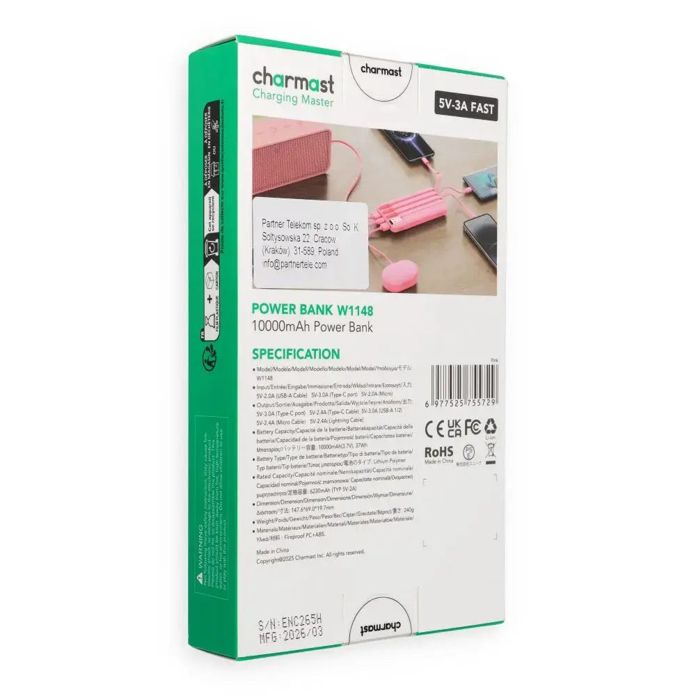 Powerbank 5V 3A 10000 mAh with built-in cables USB A / USB C / Lightning / Micro USB Charmast W1148 pink