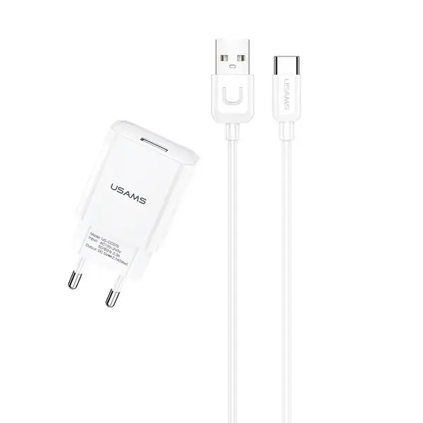 Usams T21 universal travel charger USB | 5V | 2.1A + USB-C cable 1M white