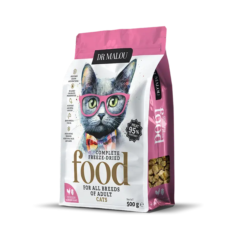 Liofilizēta barība kaķiem - DR Malou, Chicken with chicken hearts CAT KARMA, Adult, 500g