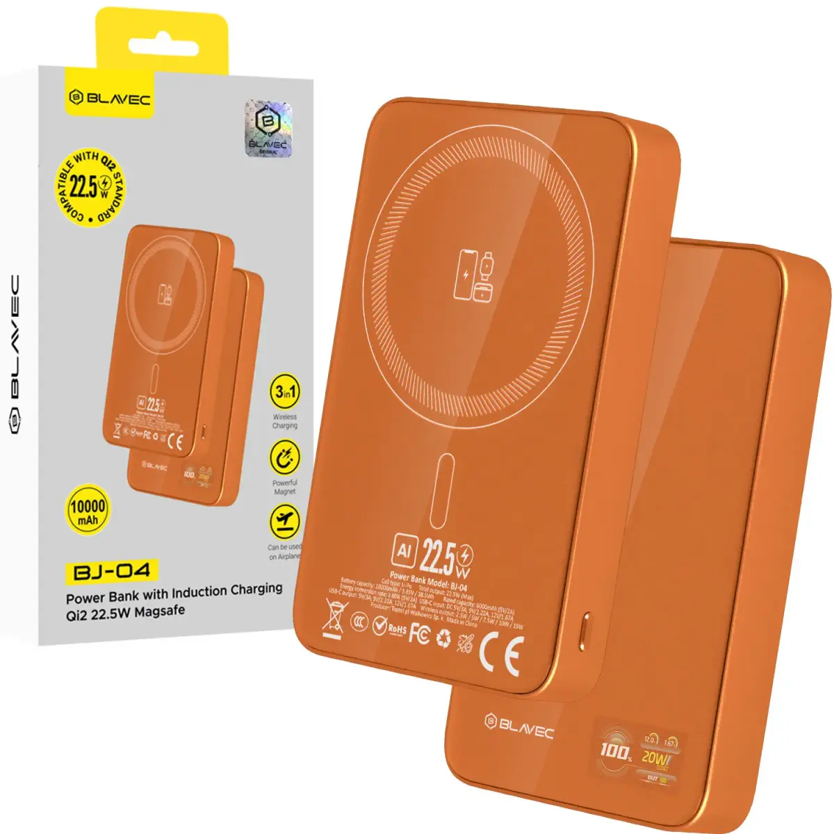 Blavec BJ-04 Slim ārējais akumulators (powerbank) | 10 000 mAh | 22.5W | USB-C, Wireless, MagSafe | oranžs