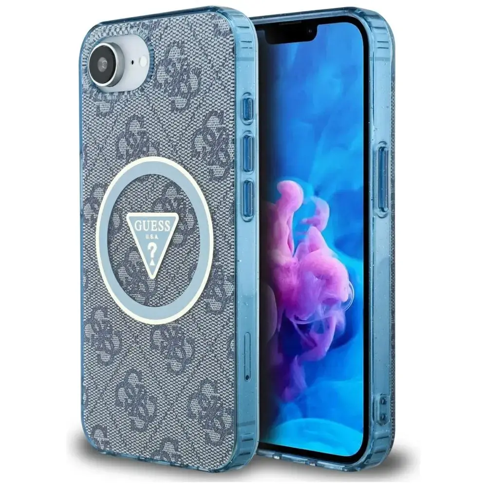 Guess IML Metal Glitter 4G Circle Triangle MagSafe telefona maciņš iPhone 16e zilā krāsā