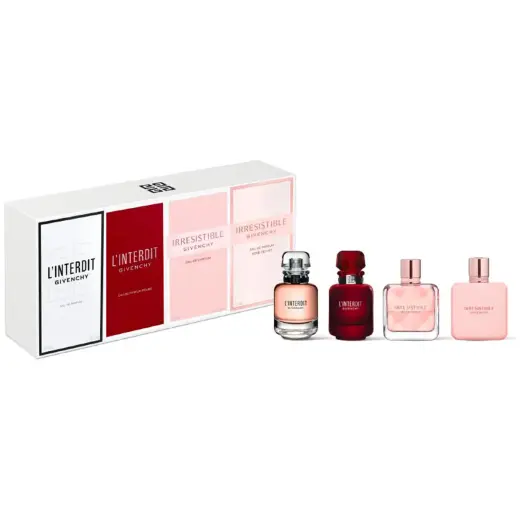 Set Givenchy: L'Interdit, Eau De Parfum, For Women, 10 ml *Miniature + L' Interdit Rouge, Eau De Parfum, For Women, 10 ml *Miniature + Irresistible, Eau De Parfum, For Women, 8 ml *Miniature + Irresistible Rose Velvet, Eau De Parfum, For Women, 8 ml *Miniature