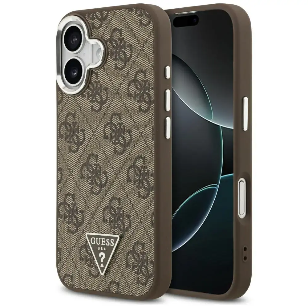 Guess 4G PU Leather Triangle Logo with Silver Metal Camera Frame maciņš ar MagSafe atbalstu telefonam iPhone 17 brūns