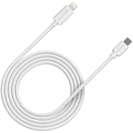 CANYON СFI-12, cable Type C to lightning ,5V3A, 9V2.22A ,PD20W, power cord:18AWG*4C, Signal cord:28AWG*4C, data transfer speed:30M/s, OD4.5MM,2M, PVC, white, Rohs