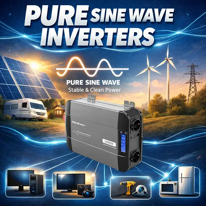Qoltec Pure Sine Wave Inverter | 12V to 230V | 2000/4000W | LCD | USB | USC-C | Compatible with LiFePO4 GEL AGM