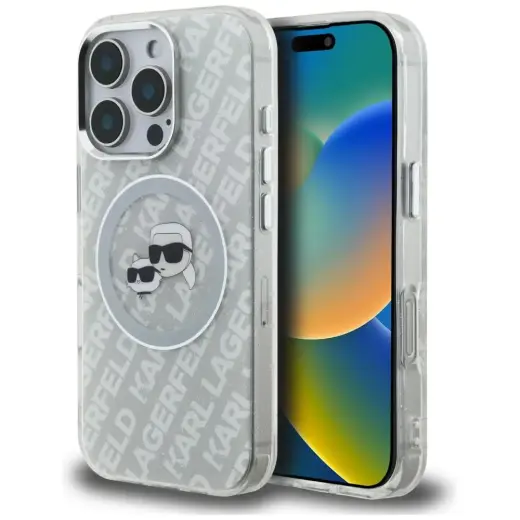 Karl Lagerfeld IML Glitter Karl & Choupette Heads Logo чехол с поддержкой MagSafe для телефона iPhone 16 Pro серый