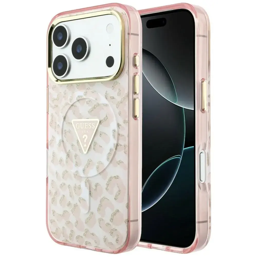 Case Guess IML Leopard Glitter Triangle  Logo MagSafe for iPhone 18 Pro / iPhone 17 Pro pink