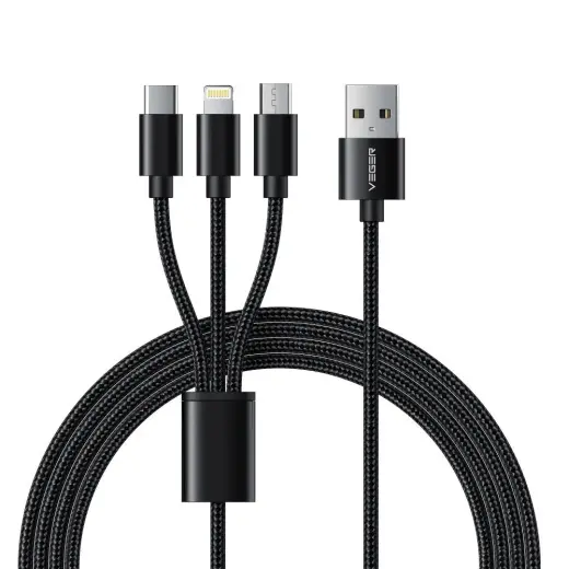 Veger V303 3-in-1 datu pārraides un uzlādes vads | USB-A uz Lightning, USB-C, Micro USB | 12W | 1.2m | melns