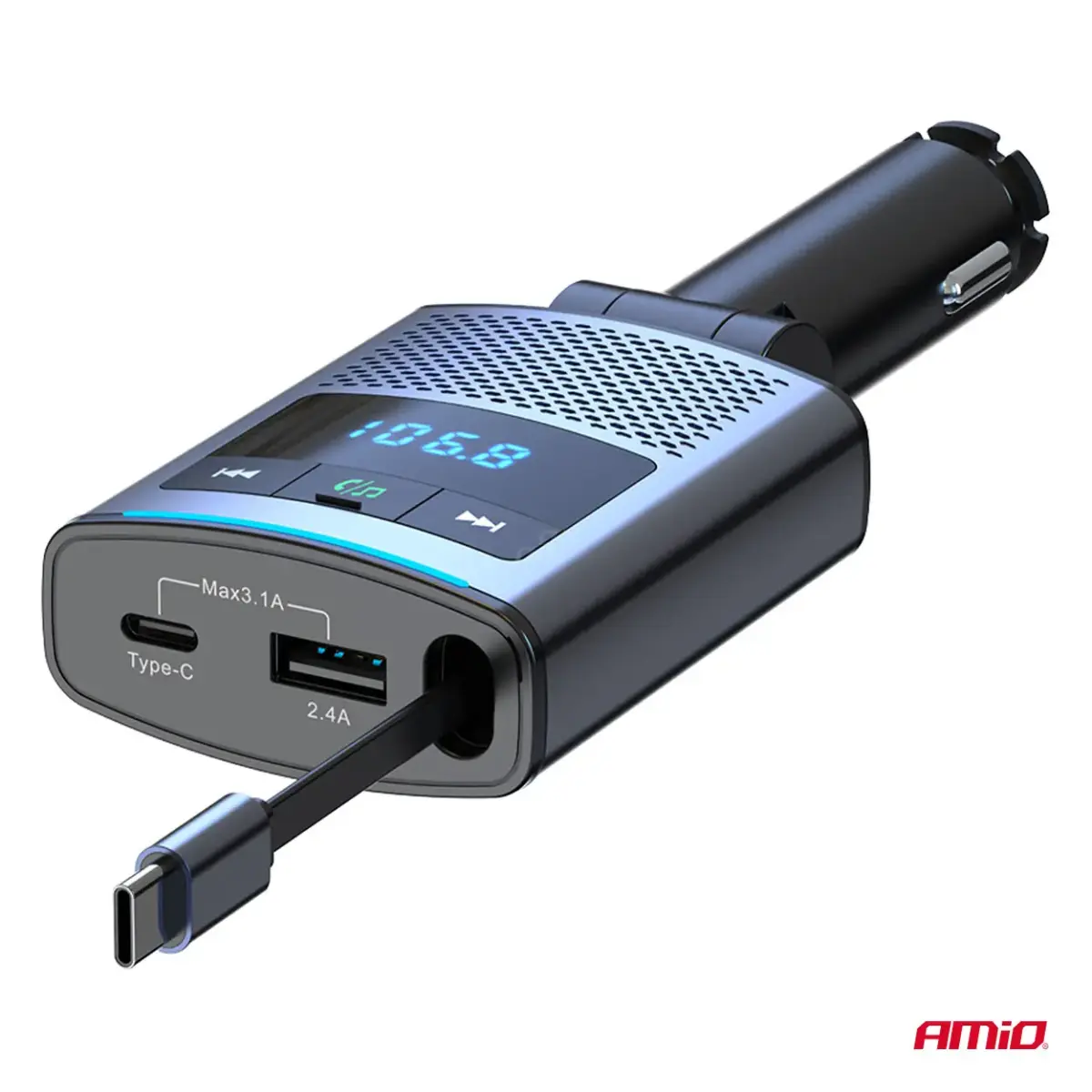 Car FM Transmitter 1×USB-A 1×USB-C 12V 24V AMIO-04656