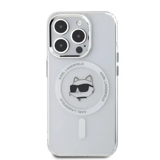Karl Lagerfeld IML Choupette Head Metal Frame MagSafe Case for iPhone 15 Pro Transparent