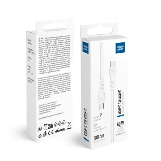 Blue Star PJ-DQ1-C andmeedastus- ja laadimiskaabel | USB-C kuni USB-C | QC 4.0 | 60W | 1m | valge