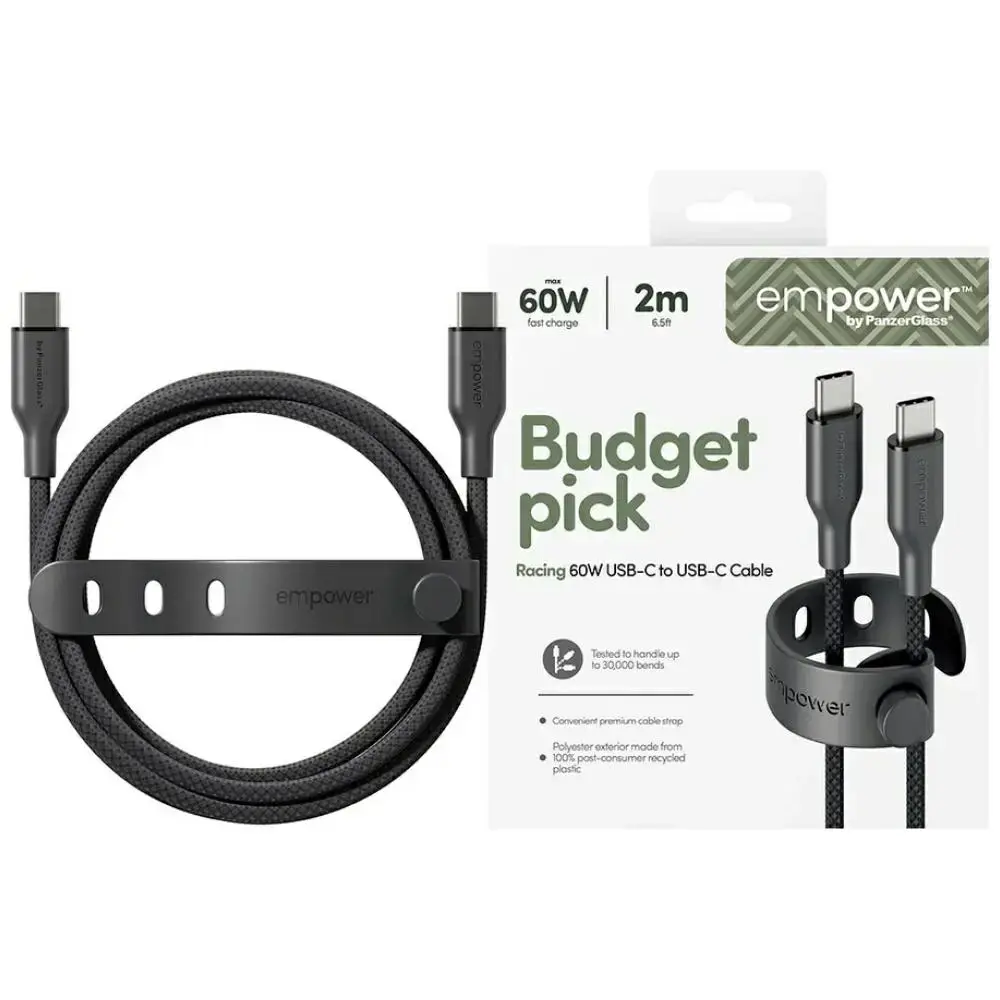 PanzerGlass Racing datu pārraides un uzlādes vads | USB-C uz USB-C | 60W | 2m | melns