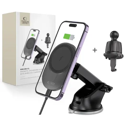 Tech-Protect MM15W-V1 magnetiline auto telefonihoidik ventilatsiooniavale ja esiklaasile 15W juhtmevaba laadimisega MagSafe ühilduv must