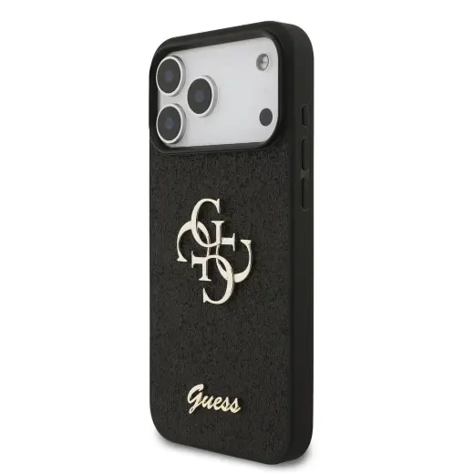Guess PU Fixed Glitter 4G Metal Logo maciņš telefonam iPhone 18 Pro Max melns