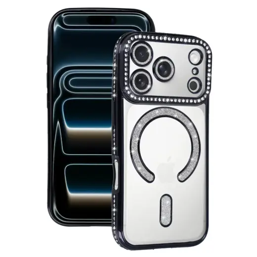 Bling maciņš ar MagSafe atbalstu telefonam iPhone 17 Pro melns