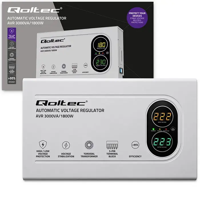 Qoltec Automatic Voltage Stabilizer AVR 3000VA | 1800W | Compact | Toroidal transformer