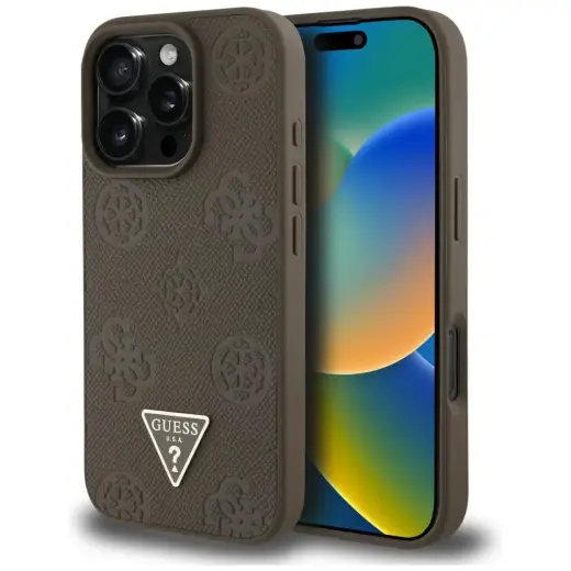 Чехол для телефона Guess Grained Hot Stamp Peony Triangle Logo MagSafe для iPhone 16 Pro коричневый
