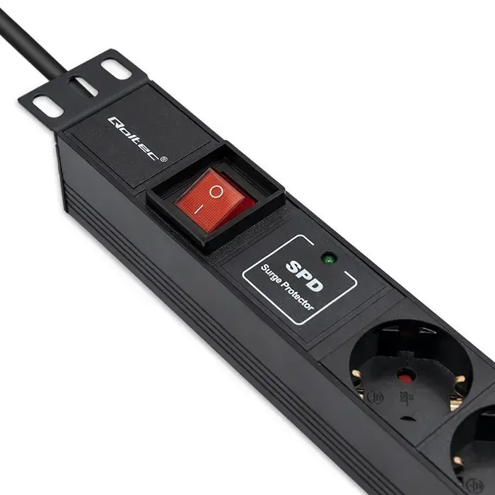Qoltec Aluminium Power strip for RACK 19'' | 1U | 16A | PDU | 6xSCHUKO | 1.8m