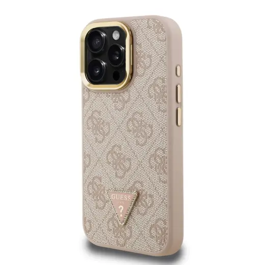 Guess PU 4G Strass Triangle Logo Stand Camera Frame MagSafe telefona maciņš iPhone 15 Pro Pink