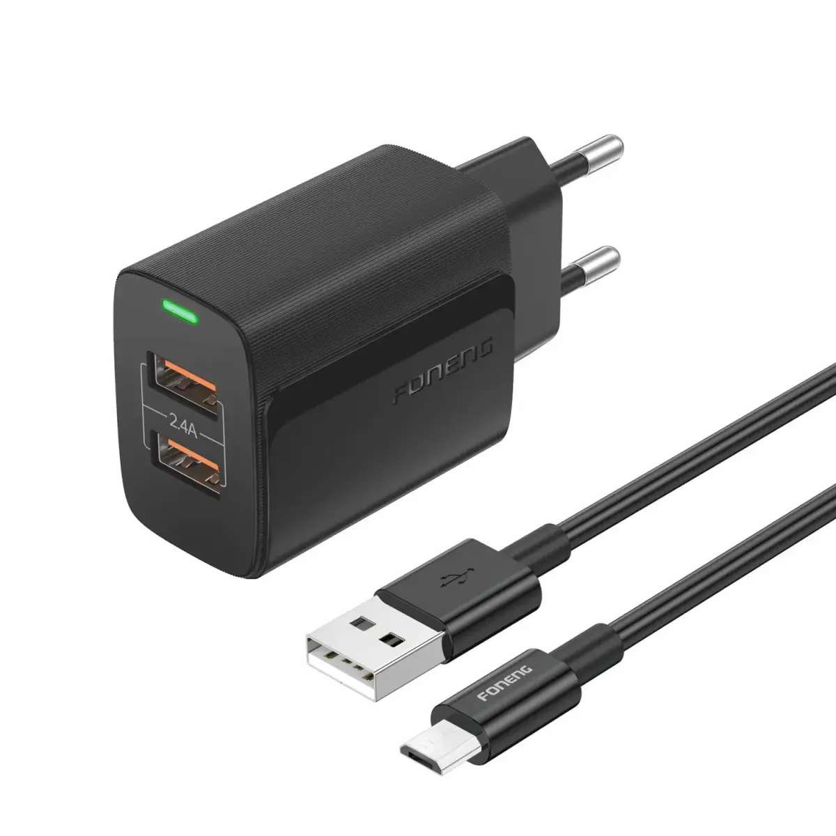 Foneng EU63 tīkla lādētājs | 12W | Micro USB, USB-A | ar Micro USB vads komplektā | melns