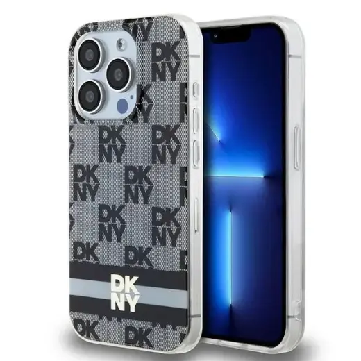 DKNY IML Checkered Mono Pattern & Printed Stripes MagSafe Case for iPhone 15 Pro Max - Black