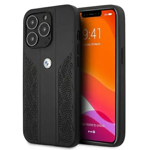 Case BMW BMHCP13LRSPPK iPhone 13 Pro / 13 6.1" black hardcase Leather Curve Perforate