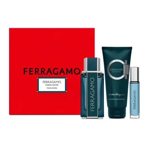 Set Salvatore Ferragamo: Intense Leather, Eau De Parfum, For Men, 100 ml + Intense Leather, Eau De Parfum, For Men, 15 ml + Intense Leather, Shower Gel, For All Skin Types, 100 ml