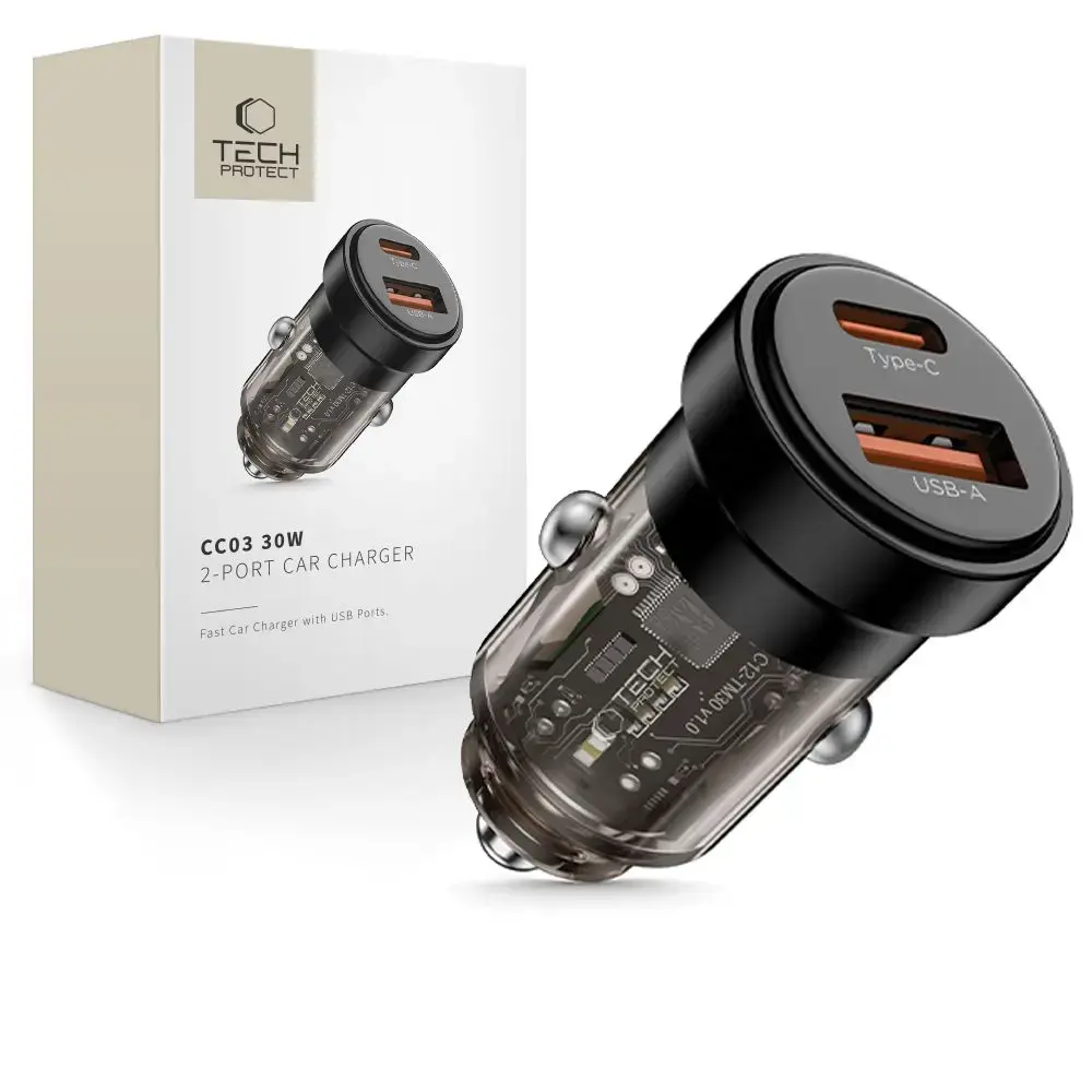 Tech-Protect CC03 2-Port auto lādētājs | 30W | PD, QC | USB-A, USB-C | melns