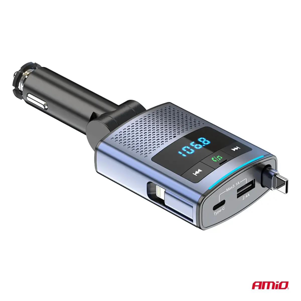 Car FM Transmitter 1×USB-A 1×USB-C 12V 24V AMIO-04656