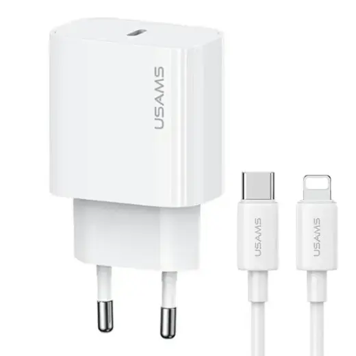 USAMS Yi Series OYXLTZ02 tīkla lādētājs | 30W | PD | USB-C, Lightning | ar USB-C uz Lightning vadu komplektā | balts
