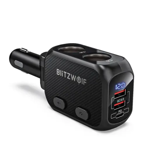 BlitzWolf BW-CLA1 Dual Cigarette Lighter Splitter, 2xUSB, USB-C, 150W (black)