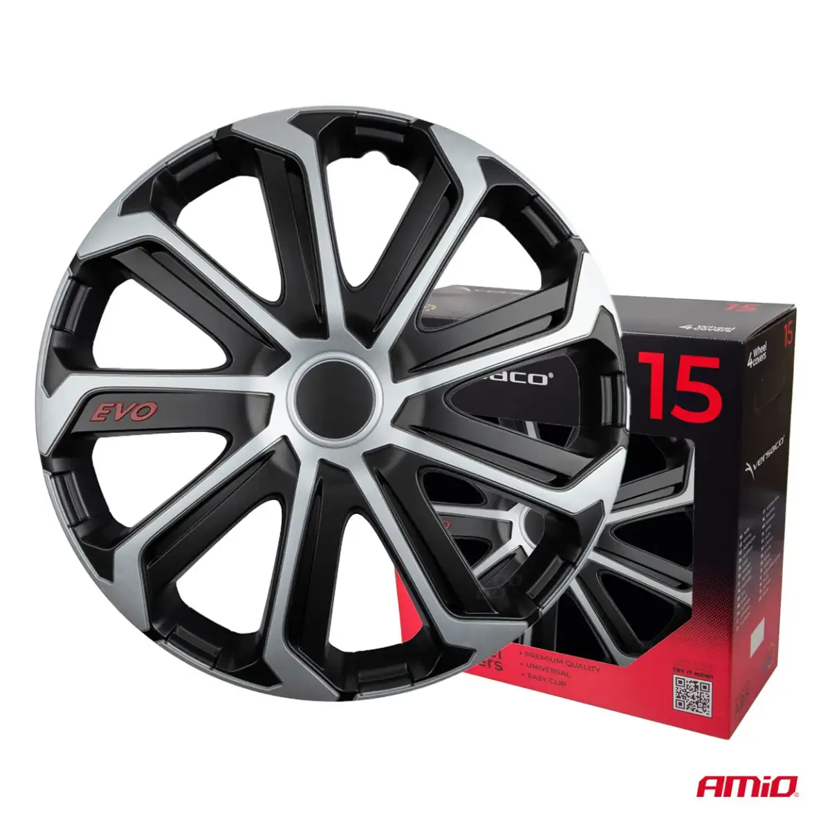 Car hubcaps 4pcs set EVO black & silver 15" COLOR BOX